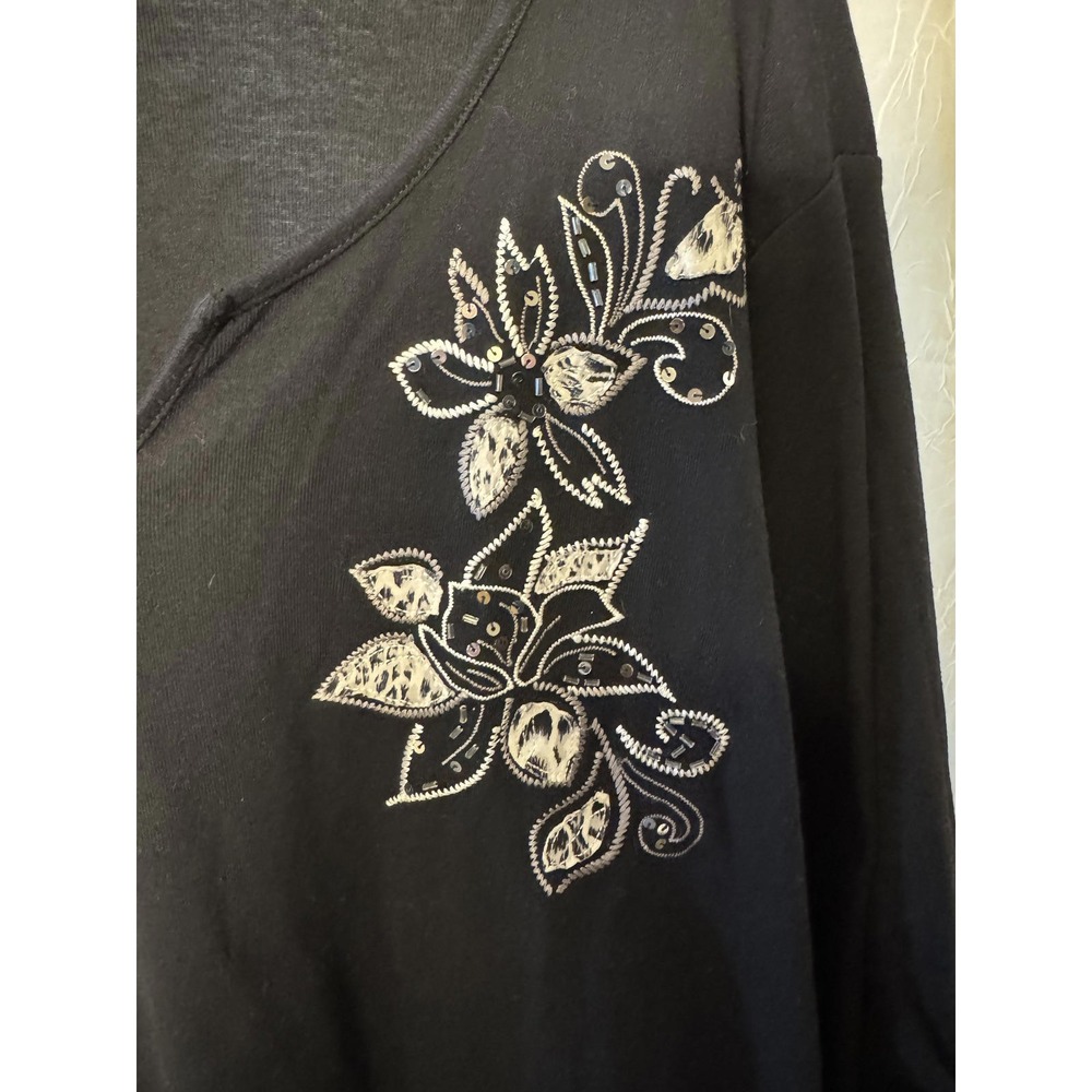 Essentials Blouse Women 4X Black Floral Embroidered Sequin 3/4 Sleeve Top - Picture 4 of 7